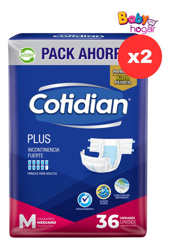 Cotidian Plus 36 Und X 2 Paq 72 Pañales 