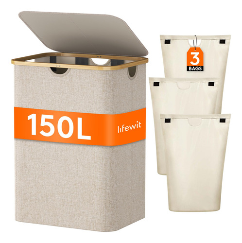 Lifewit Cesta De Lavanderia De 150 Litros Con Tapa De 3 Secc