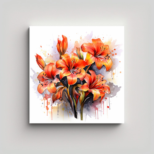 30x30cm Cuadro Abstracto Amaryllis En Naranja Y Negro Flores