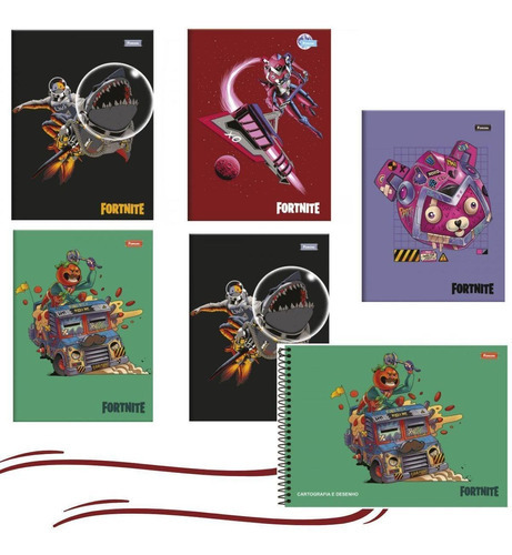 Kit 5 Cuaderno Fortnite Folleto Pequeño 96 Fls + Dibujo
