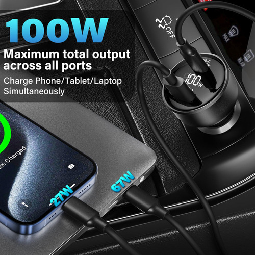 Topadre Cargador De Coche Usb C De 100 W Con Pantalla, Adapt