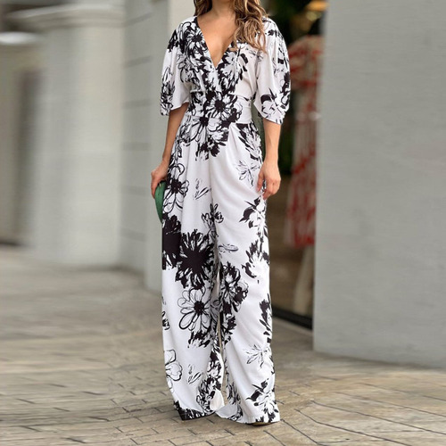 Mono De Mujer Con Estampado Elegante Y Corte Holgado De Cint