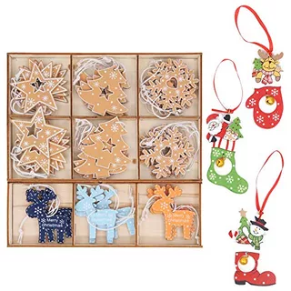 48 Pcs Colorful Wooden Christmas Hanging Ornaments Chri...