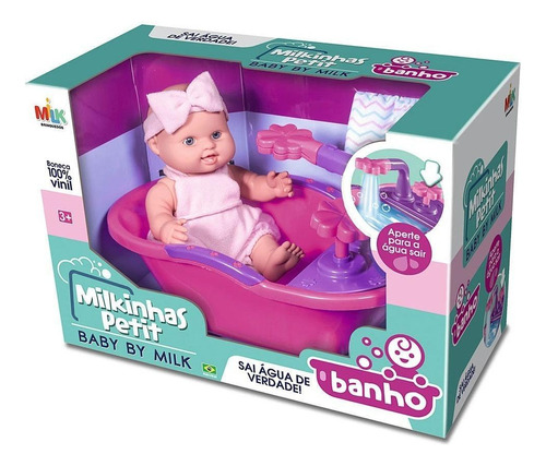 Boneca Bebê Milkinhas Petit Banho Com Banheira Que Sai Água