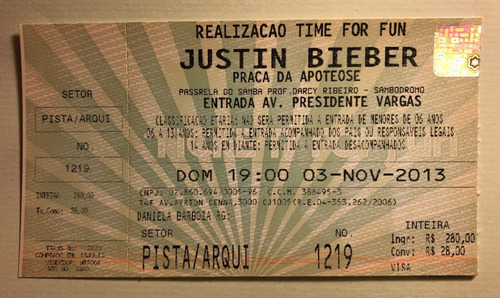 2 Ingressos Show Justin Bieber Brasil Rj 2013 Colecionador