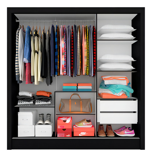 Guarda Roupa Casal Paula 3 Pts 2gavetas Laterais Preto Fosco
