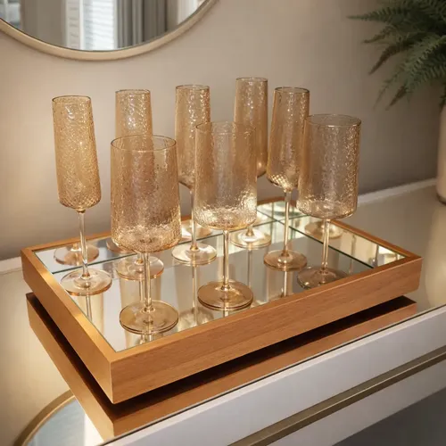 BANDEJA ESPELHADA DE MESA BAR APARADOR TAçAS BEBIDAS 50-30CM MADEIRA LAMINADA