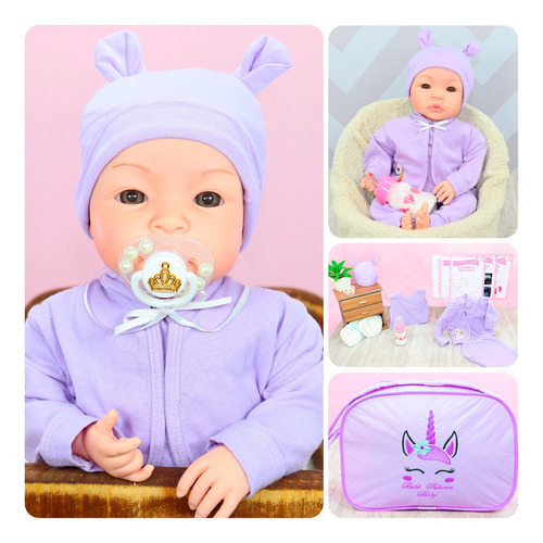 Boneca Bebê Reborn Silicone Tatá Menina Pagão Roupinha Lilás