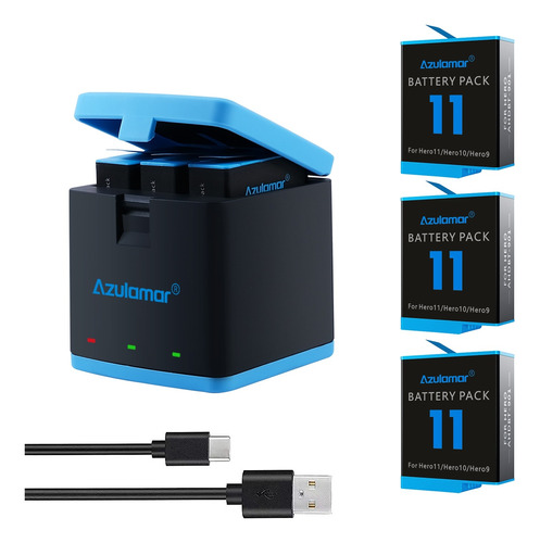 Azulamar 3x Baterías Y Cargador Kit Para Gopro Hero 11 10 9