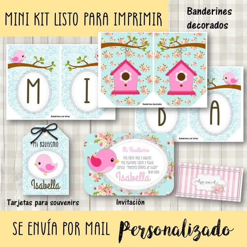 Mini Kit Imprimible Bautismo Pajaritos Shabby Chic #1 Añito