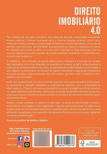 Livro Direito Imobiliario 4.0 - Os Autores Abordam As Tecnologias Digitais: Tokenização, O Metaverso, As Blockchains, Tecnologias De Registro Distribuído E Segurança Criptográfica