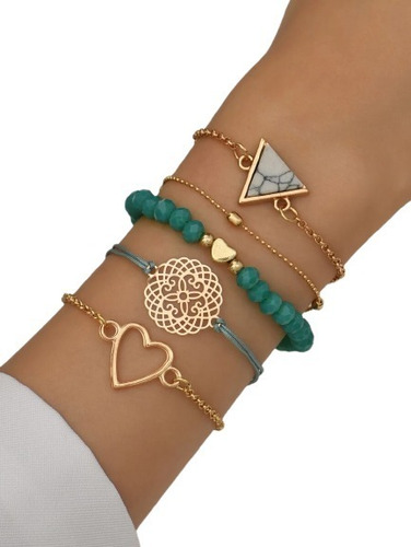  Pulsera Elegante Con Dijes De Corazón & Triángulo 5 Pzs Pnl