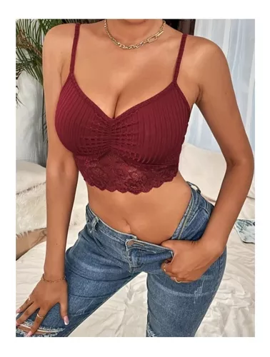 Crop Top Tirantes Con Encaje En Contraste Fruncido Shein Cuotas sin interés