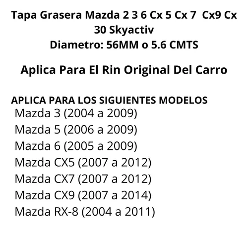 Tapa Grasera Mazda 3 6 Cx5 Cx7 Cx9 Cx30 56mm O 5.6 Cm