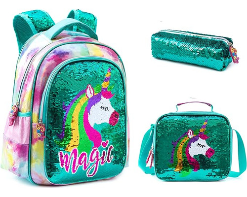 Kit De Mochila Escolar Y Lonchera De Unicornio Verde