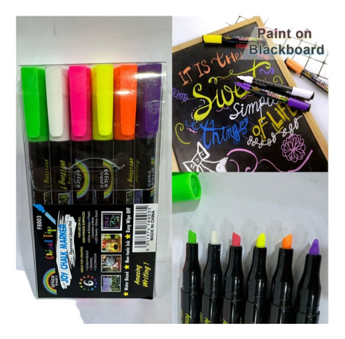 Set 6 Plumones Neon Tiza Liquida Pizarra Negra Punta Biselad