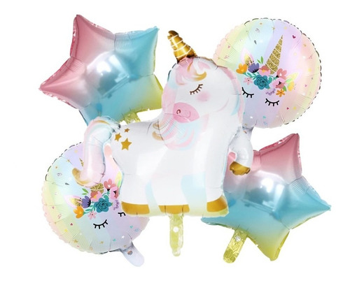 Pack 5 Globos Metalizados Unicornio Para Aire O Helio