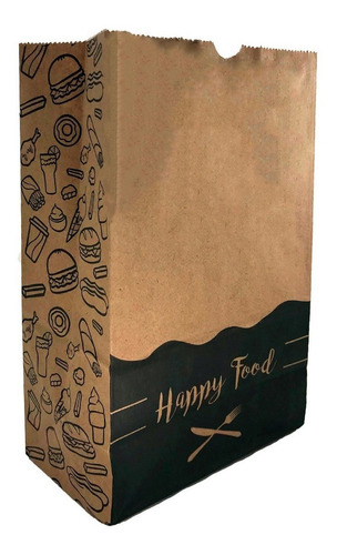 100 Sacos Happy Food P (28x18x11) - Papel Kraft