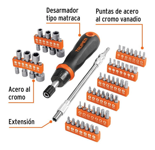 Desarmador Tipo Matraca Con 42 Puntas Y 14 Dados, Truper