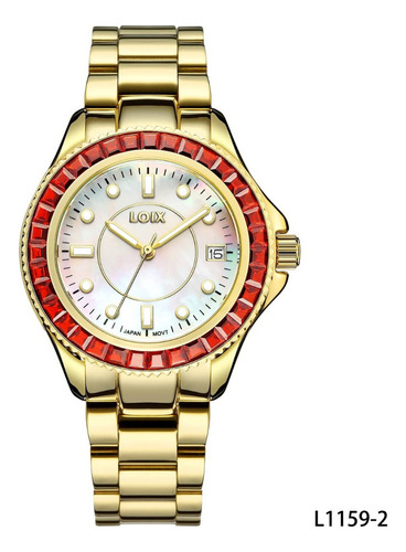 Reloj Mujer Loix® L1159-2 Dorado Y Bisel Rojo, Efera Blanco