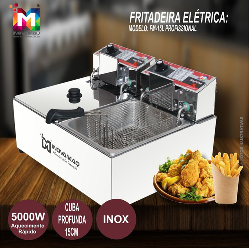Imagem 2 de 6 de Fritadeira Elétrica Prof 2 Cubas 15l - 127v 5000w - Inovamaq