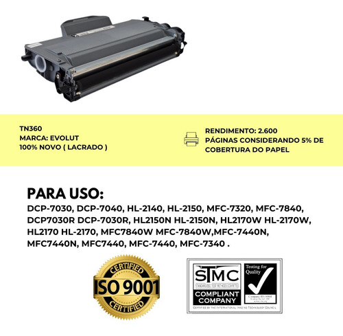 Toner Compatível Brother Tn360 Dcp-7040 Dcp-7440 7840 Evolut