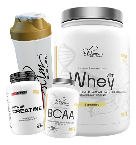 Kit Suplemento Whey Protein 900g + Bcaa + Creatina + Shaker Sabor Baunilha