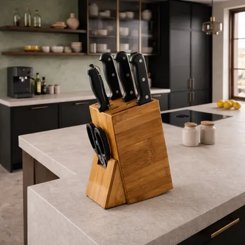 Faqueiro  Porta Facas Bambu Cozinha Cepo Tesoura Marrom-claro