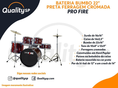 Imagem 6 de 6 de Bateria Pro Fire Bumbo 22 Vinho Ferragem Cromada Com Pratos