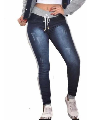 Calça  Feminina Jeans Com Detalhe De Moletom Dos Lado   