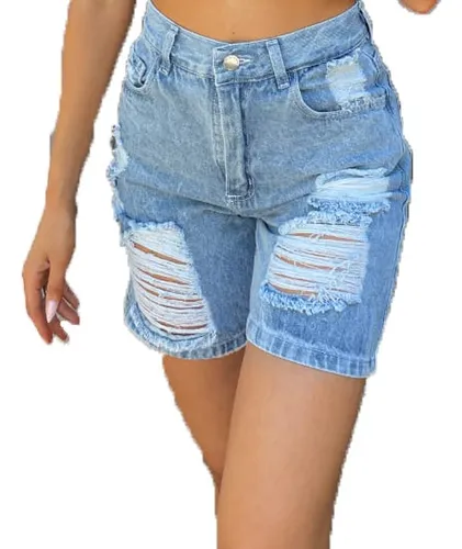 Short Pantalón Jean Mujer Rígido Con Roturas Calidad