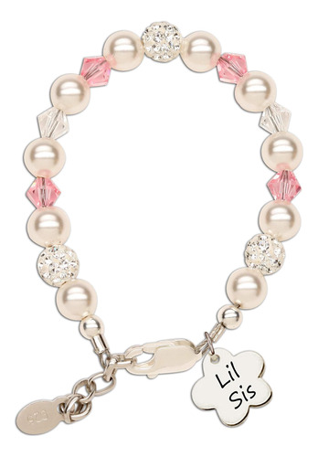 Pulsera Lil Sis De Plata De Ley Para Niños Con Perlas Y Cris