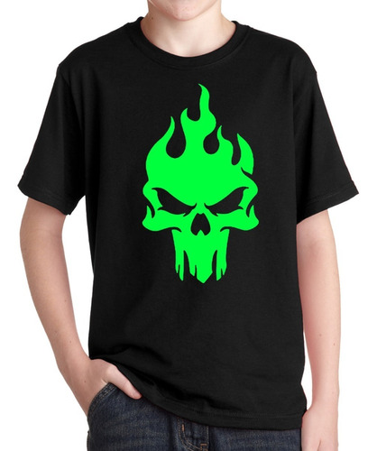 Remeras Calavera Niños Llama Fuego Verde Fluo