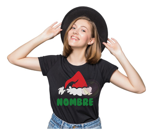 Playera Navideña Dama Con Nombre Gorrrito Santa Navidad M21