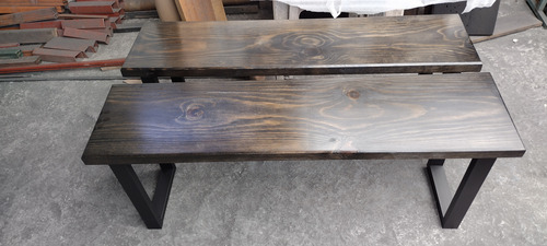 Banca Tipo Industrial 140 Cm De Largo Metal / Laqueado Negro Madera Barniz Al Natural