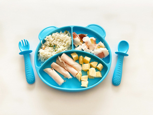 3 Baberos Para Bebé En Silicona Con Plato Y Cubiertos Color Azul Baberos Con Plato Oso