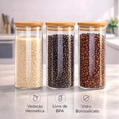 Kit 3 Potes De Vidro Herméticos Com Tampa De Bambu De 1 Litro