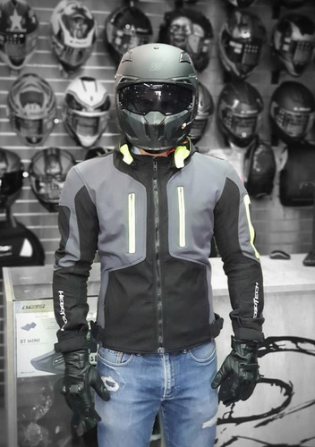 Imagen 2 de 10 de Chamarra Con Protecciones Hebotech Luzern Gris/ngo Vde Neon