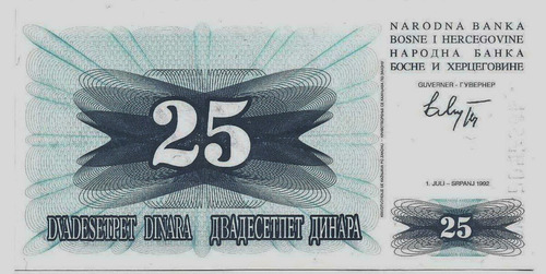 Fk Billete Bosnia Herzegovina 25 Dinara 1992 P-11 S Circular