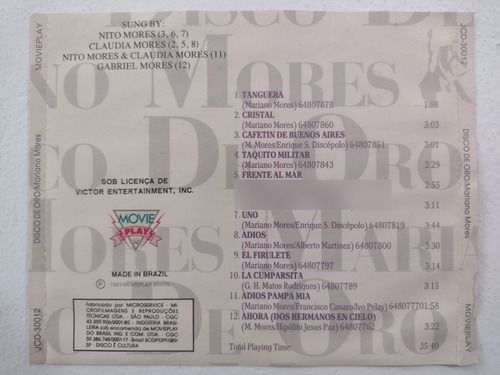 Mariano Mores - Disco De Oro - Ed. Brasil - Año 1993 Estándar (Usado)