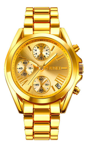 Reloj Hombre Skmei 1897 Acero Fecha Cronografo Elegante Malla Dorado