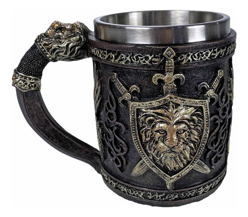 Caneca Medieval Leão Escudo 400ml Viking Inox Guerreiro