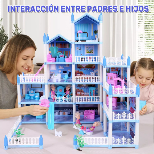 Casa De Muñecas Grande Con Muebles, 16 Cuarto,4 Muñecas,azul