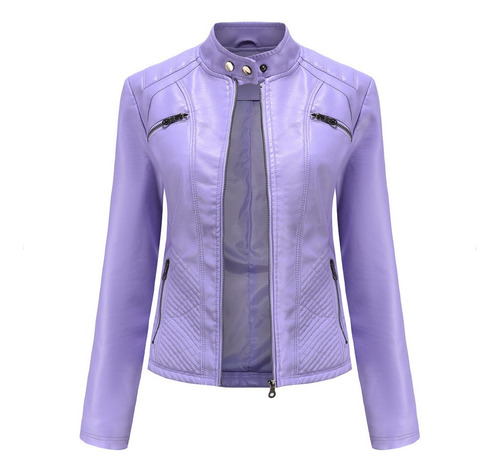 Chaqueta De Cuero Con Cuello Alto De Color Liso Para Mujer [