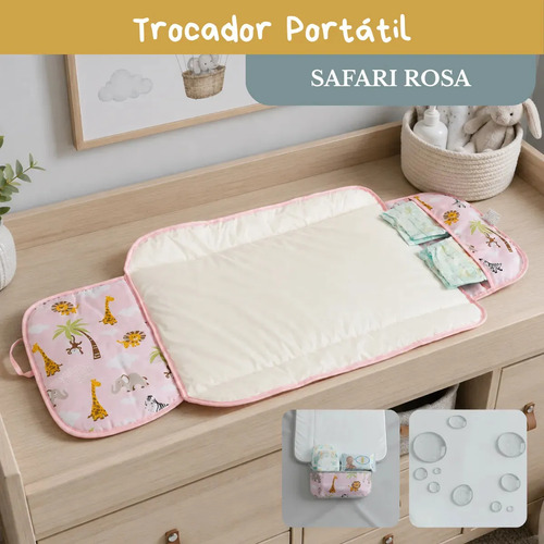 Trocador De Fralda Bebê Impermeável Dobrável Compacto Lindas Estampas Safari Rosa