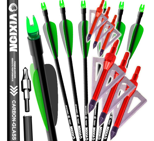 6 Flechas Carbono Arco Nature 30 + 6 Pontas Caça B13 Vixion Cor Verde