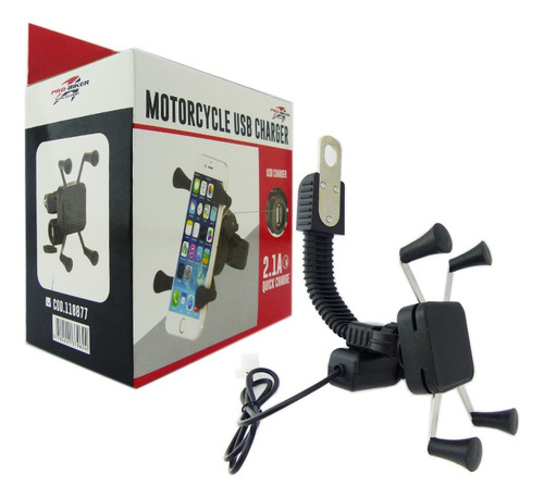 Porta Smartphone Con Brazo Para Espejo De Moto, Con Usb Color Negro