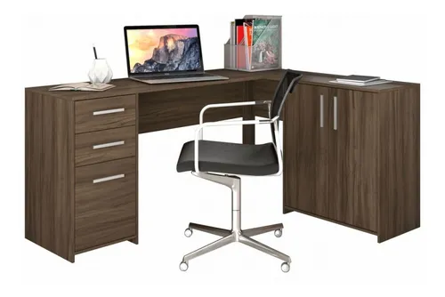comprar Mesa Para Escritório Em L 2 Portas 3 Gavetas Notável Nogal