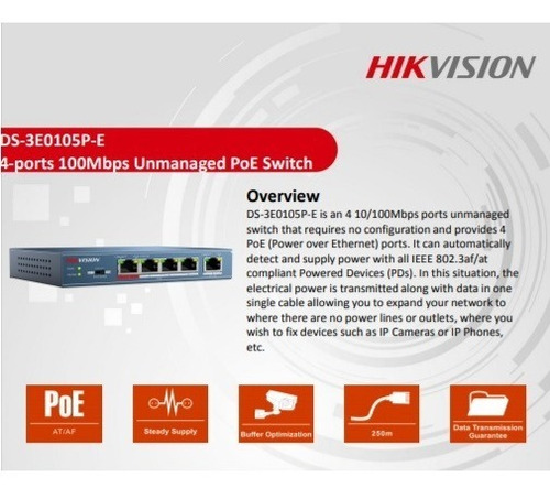 Switch Hikvision 4 Puertos 10/100 Mb/s Poe Ds-3e0105p-e
