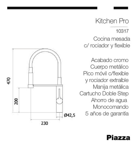 Canilla Cocina Piazza Monocomando Kitchen Mixer Cromo Negro